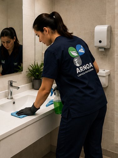 Personal de ARNOA realizando higiene de sanitarios