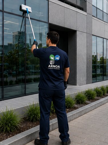 Personal de ARNOA realizando limpieza exterior de edificio corporativo
