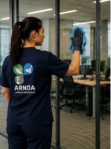 Personal de ARNOA realizando limpieza de vidrios en oficinas